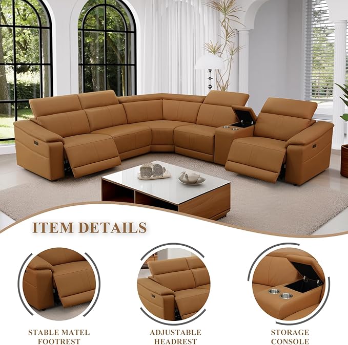 Power Recliner Sectional Sofa, L-Shaped Living Room Furniture Set, Leather Recliner Sofa,Reclining Sectional Couch with Storage Console/Cup Holder for Living Room/House/Apt (Light Brown, 4 Seater)