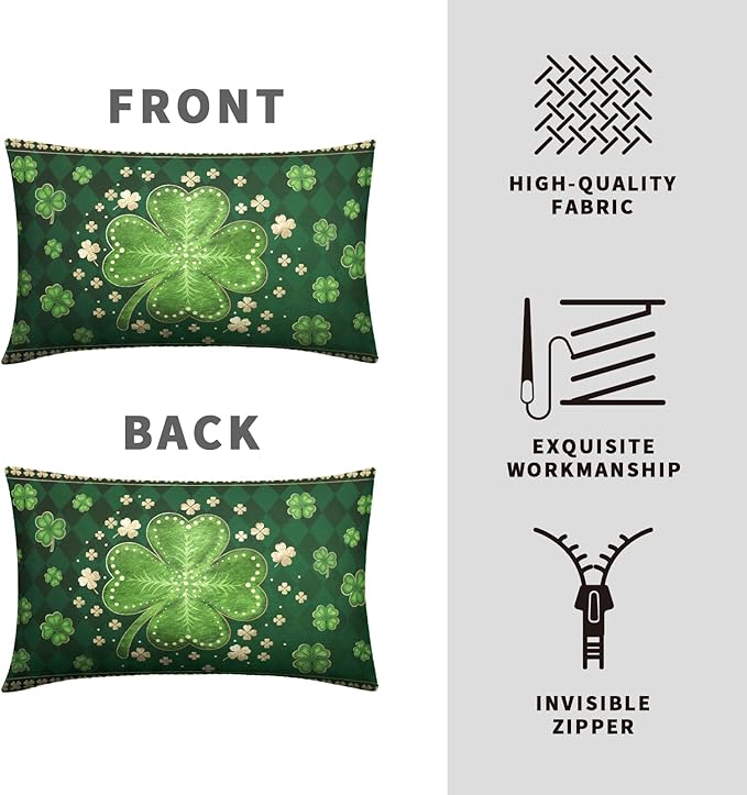 St Patricks Day Shamrock Lumbar Throw Pillow Covers 12x20 Set of 2 Green Buffalo Plaid Check Lucky Clovers Outdoor Decorative Pillow Covers Spring Rustic Pillow Cases for Farmhouse Living Room Decor