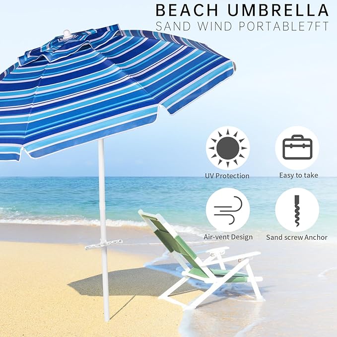 Aoxun Beach Umbrella with Tilt Pole, Portable Sand Anchor and Carry Bag, UPF 50+ Sun Shelter Air Vents Design for Outdoor (Navy Blue & White), 7ft