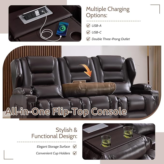 SAMERY Power Loveseat Recliner Sofa, Wall Hugger Reclining Loveseat Sofa, Movie Home Theater Seating with Flip-Backrest, Solid Wood Top, Ambient LED Lights, USB-C, Outlets, Faux Leather, Brown | Extra Wide Seat, Plush Padding, Dual Power Recline, Flip-...
