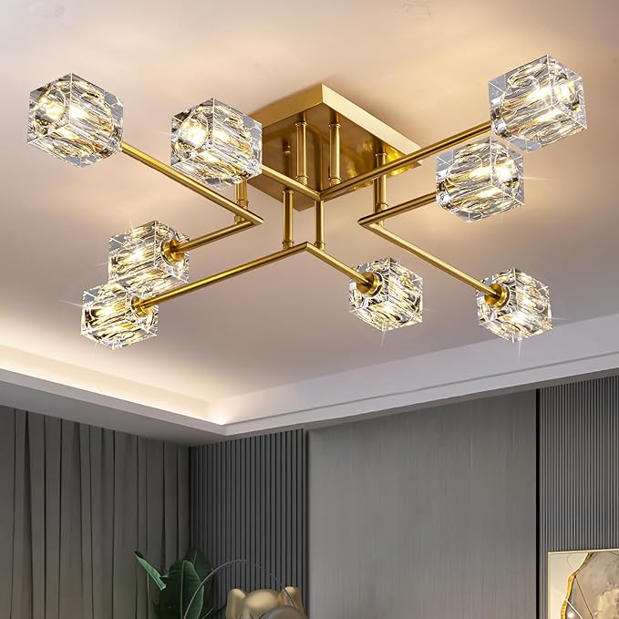 Modern Crystal Ceiling Light,Semi Flush Mount Ceiling Light Fixture with 8-Lights,Gold Sputnik Chandeliers for Bedroom,Dining Room,Farmhouse Kitchen,Office,Living Room