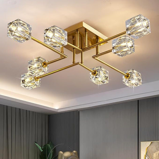 Modern Crystal Ceiling Light,Semi Flush Mount Ceiling Light Fixture with 8-Lights,Gold Sputnik Chandeliers for Bedroom,Dining Room,Farmhouse Kitchen,Office,Living Room
