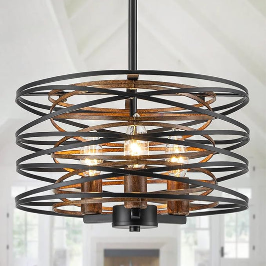 Bargeni Chandelier,13 Inch Dining Room Light Fixture,Matte Black Finish with Wood-Like Interior,Adjustable Height Farmhouse Chandelier for Kitchen Island,Bedroom,Living Room,Foyer