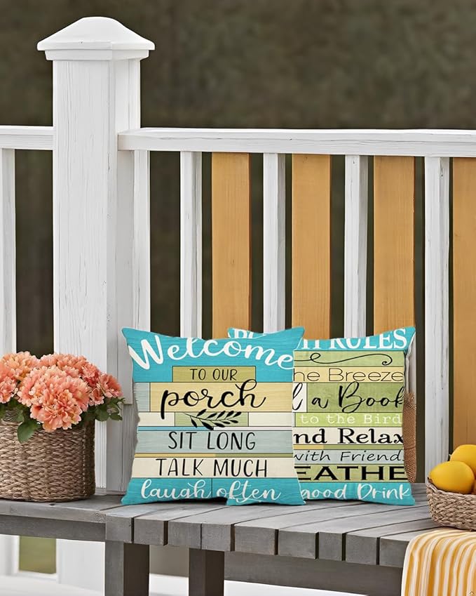 Jartinle Lake House Outdoor Pillow Covers 18x18 Inch Waterproof Turquoise Woodgrain Stripe Welcome to Porch Decorative Cushion Covers for Patio Furniture, Set of 2