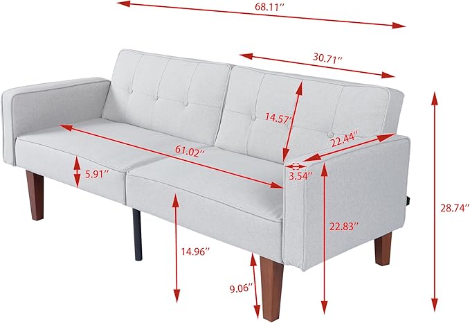 Adjustable Backrest Convertable Sofa, Modern Fabric 2-Seat Futon Sofa, Convertible Fabric Sleeper Couch with Armrests, Couch for Living Room Home Office Spaces, Grey