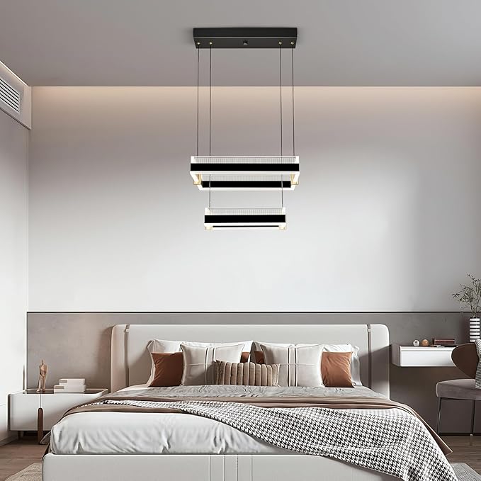 Modern LED Chandelier with Remote Control 2 Ring Dimmable 3 Color Black Gold Adjustable Pendant Light Square Chandelier Dining Light Fixture for Kitchen Bedroom Ceiling Hanging