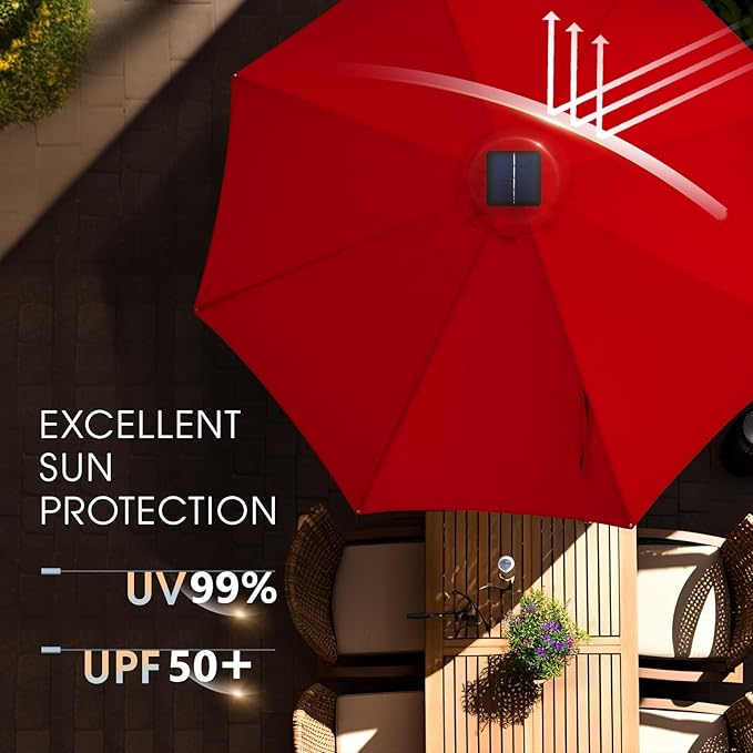 wikiwiki 10FT Solar Led Patio Umbrella with Base Included, 32 LED Lights, 8 Sturdy Ribs, Fade Resistant Waterproof POLYESTER DTY Canopy for Garden, Lawn, Deck, Backyard & Pool, Red