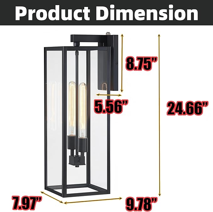 25 Inch Large Size Outdoor Wall Light Dusk to Dawn,2-Light Outdoor Porch Lanterns Extra Large 2-Bulb Outside Wall Sconce with Dusk to Dawn Sensor Outdoor Lighting for Garage Photocell Exterior Light