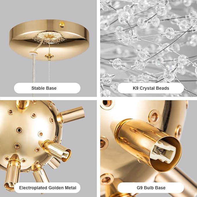SineRise Modern Crystal Chandeliers Firework, Crystal Light Fixture, Dandelion Chandelier (12-Light, Gold) for Foyer Hallway Entryway Kitchen Bedroom