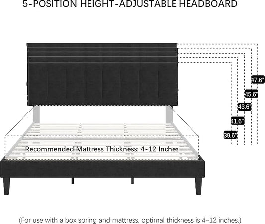 VECELO King Size Bed Frame with Upholstered Headboard, Heavy-Duty Bedframe with Strong Wooden Slats Support, No Boxing Spring Needed, Black