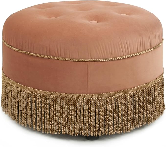 Jennifer Taylor Home Yolanda Upholstered Round Accent Ottoman, Peach Orange Velvet with Gold Trim