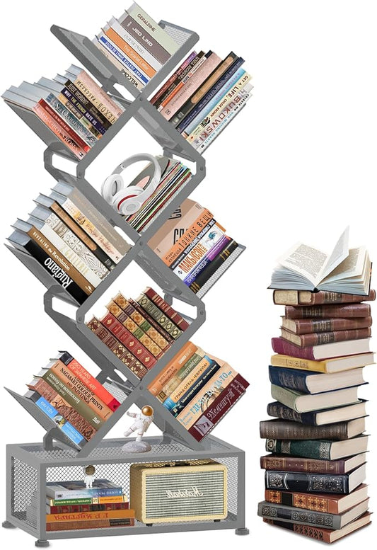 HI NINGER Tree Bookshelf,9 Tier Folding Bookshelf with Storage Cabinet, Tall Narrow Bookshelves Organizer,Bookcase Tower,Tall Floor Standing Book Organizer for Living Room/Bedroom/Home Office/Corner