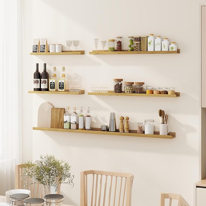 Fun Memories 36 Inch Floating Shelves for Wall - Wall Shelves with Lip Set of 4 - Nursery Bookshelf for Storage - Picture Ledge Shelf for Bedroom - Living Room - Kitchen - Oak Color