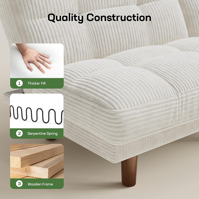 Marsail 65" Futon Sofa Bed, Convertible Small Recliner Sleeper Sofa Bed with Adjustable Backrest, Corduroy Loveseat Futon Couch for Small Apartments, Living Room Office, Guest Room (White)