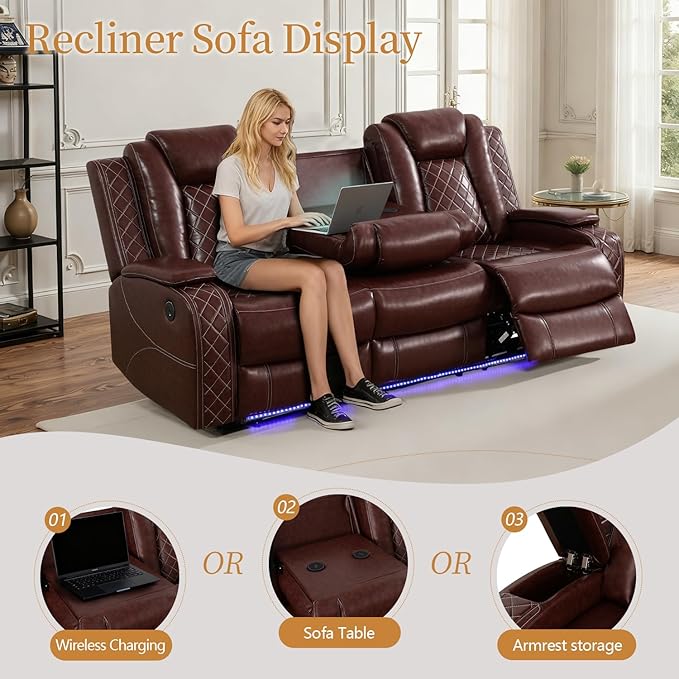 Power Leather Recliner Sofa Set with LED Light,Reclining Couch Set with USB Charger/Cup Holder/Storage,Leather Couch for Living Room Furniture Sets(3+2+1 Seats,Burgundy)
