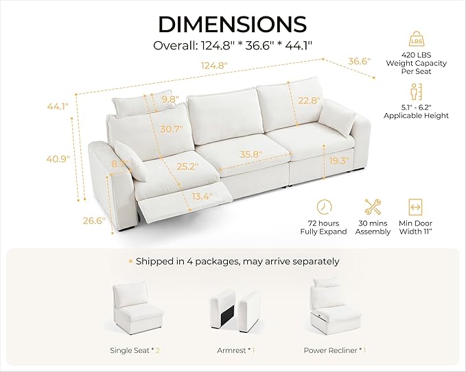 124.8'' Oversized Power Recliner Sofa with Headrest, Extra Wide Deep Modular Cloud Sectional Reclining Couch Wall Hugger, Convertible 3-Seater for RV Home Theater Living Room, Chenille, White