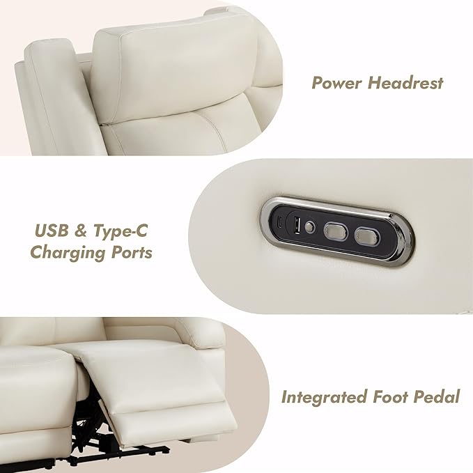 Watson & Whitely Genuine Leather Power Loveseat Recliner Sofa, Wall Hugger Loveseat Reclining Sofa with Storage Console, Power Headrest, Cup Holders, Dual Recliners for Living Room, RV, Cream