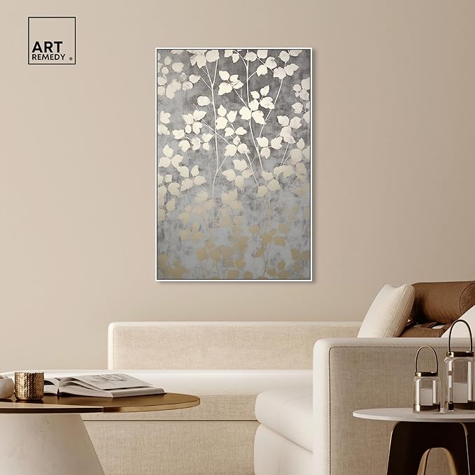 Art Remedy Silvery Gray Garden Canvas Elegant Floral Wall Art, White Frame, 36" x 54"