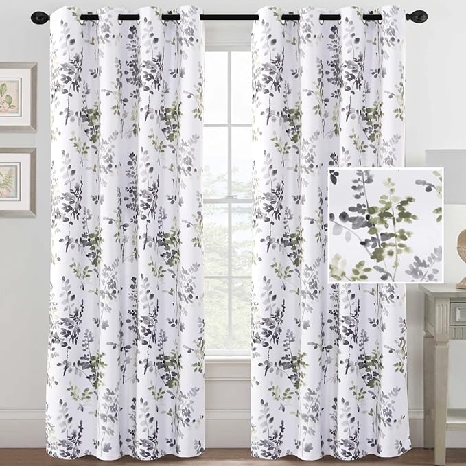 H.VERSAILTEX Floral Curtains, 84 Inch Long Living Room Curtains, Room Darkening Thermal Insulated, Light Blocking Grommet Drapes, 2 Panels, Grey and Sage