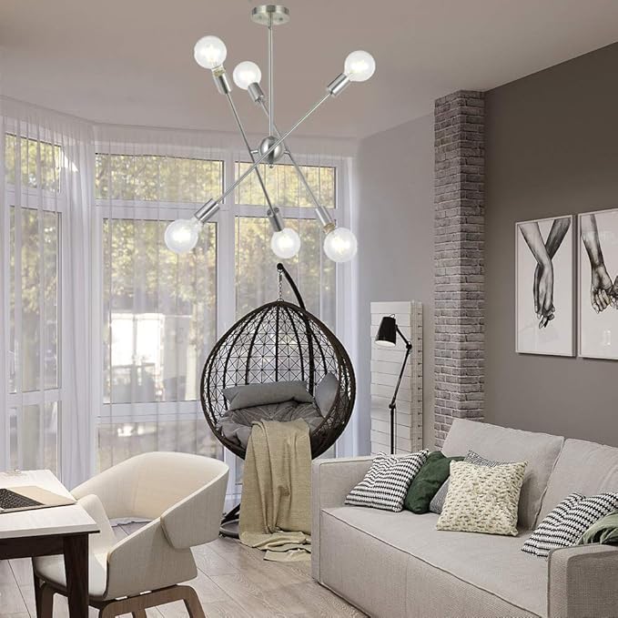 BONLICHT Sputnik Chandelier 6 Lights Modern Pendant Lighting Brushed Nickel Mid Century Flush Mount Ceiling Light Fixture by UL Listed
