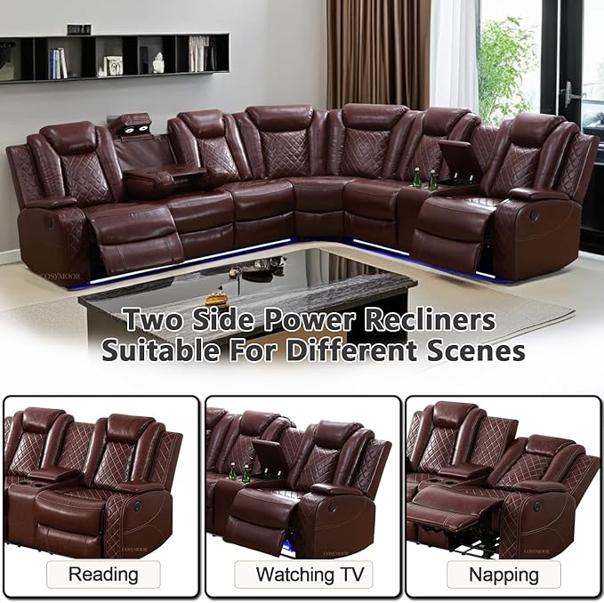 Living Room Furniture Sets, Power Recliner Sofa Sectional Sofa with LED Light for Living Room, Brown Leather Reclining Sectional Couches Set, Cup Holder, Storage Console for Home Theater Seating
