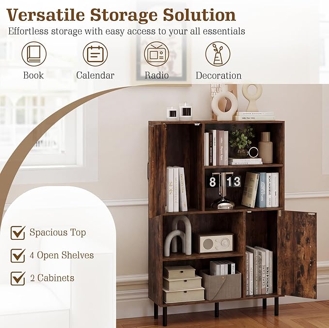 Giantex 47-Inches Storage Cabinet with Doors, Open Shelves, Anti-Tipping Device, 4-Tier Bookcase for Books & Photos, Tall Cupboard, Floor Cabinet for Living Room, Kitchen Buffet Sideboard (Brown)