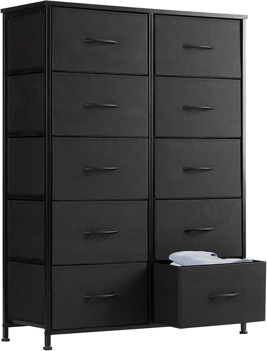 Sweetcrispy Tall Dresser for Bedroom, Drawer Dresser Organizer Storage Drawers with 10 Drawers, Chest of Drawers with Fabric Bin, Steel Frame, Wood Top for Bedroom, Closet, Entryway