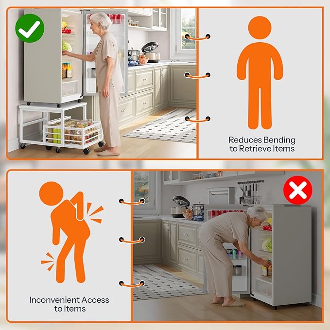 HOOBRO Mini Fridge Stand with Movable Storage Basket, Mini Fridge Cabinet with Wheels and Adjustable Feet, Sturdy Metal Frame, for Home, Apartment, Office, White WW155TL01