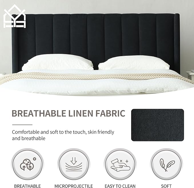 YUHUASHI upholstered Platform Bed Frame/Queen Bed Frame/Modern Geometric Double-Wing Design headboard/Linen Fabric/Easy to Assemble no Noise (Black, Queen (U.S. Standard))