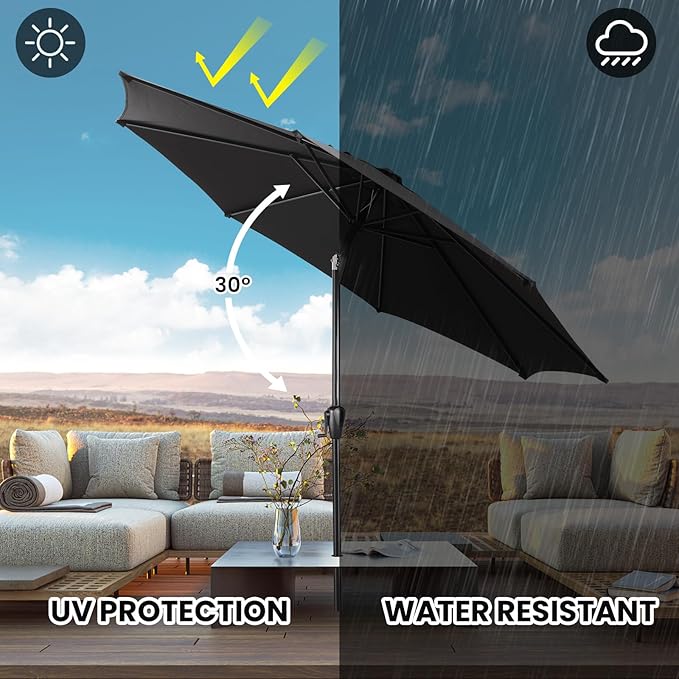 Sun-Ray 9' Round Patio Umbrella with Push-Button Tilt and Hand Crank Lift System, Market Umbrella for Porch, Deck, and Patio