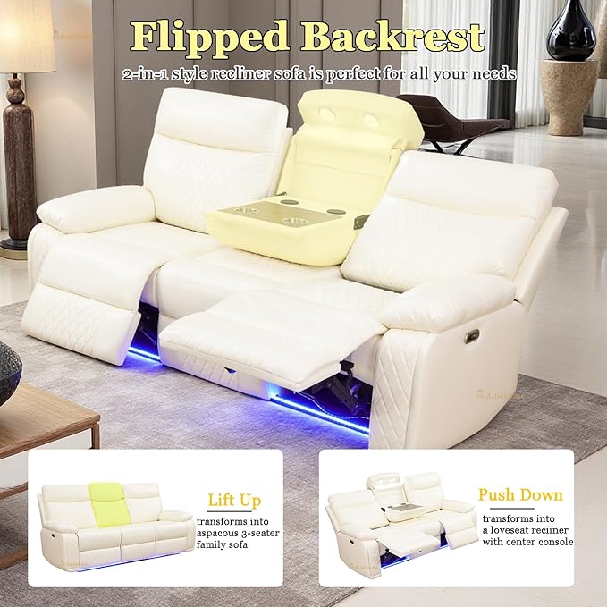 A Ainehome Power Recliner Sofa Couch with LED, Breathing Leather Reclining Couches, Living Room Furniture Sets, Recliner Furniture with Coffee Table/Cup Holders/Charging for Living Room