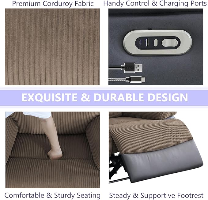 Power Recliner Loveseat Sofa with LED, Living Room Furniture Sets, Corduroy & Breathing Leather Recliner Couch, Premium Fabric Reclining Loveseat with Storage/Charging for Home/Office, Brown