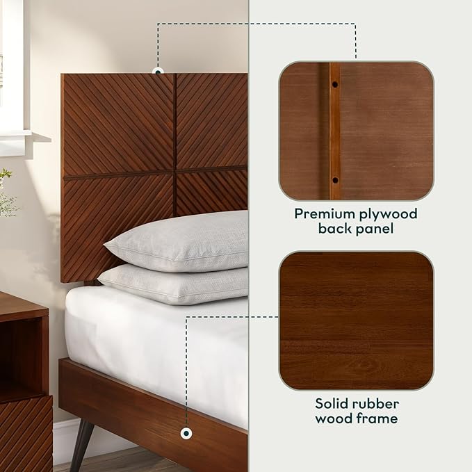 Bme Rhombus King Bed Frame – Solid Rubber Wood with Geometric Rhombus Headboard, Walnut Finish, Scandinavian Modern Platform Bed with Sturdy Slats & Metal Legs, No Box Spring Needed