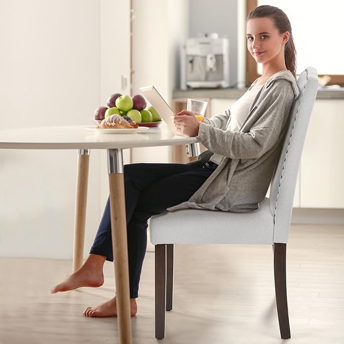 DUMOS Dining Chairs Set of 2, Moden PU Kitchen Table Chairs with Wooden Legs and Padded Seat for Dining Room/Kitchen/Living Room/Restaurant, Light Grey