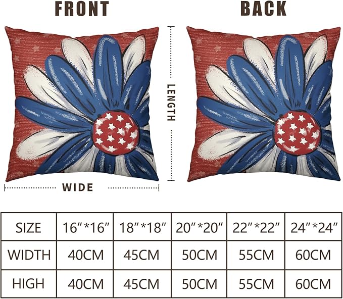 4th of July Patriotic Pillow Covers 22x22 Set of 2 Red White Blue Flower Stars Fourth of July Decorative Pillow Cases Independence Memorial Day Outdoor Cushion Cover for Home Couch Sofa