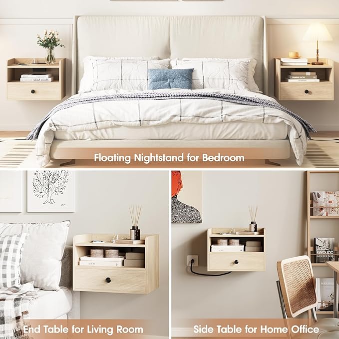 Floating Nightstand Set of 2 Modern Night Stands with Drawer and Open Shelf Cubby Small Bedside End Table with Charging Station Wall Mounted Nightstands Set 2 for Bedroom Natural