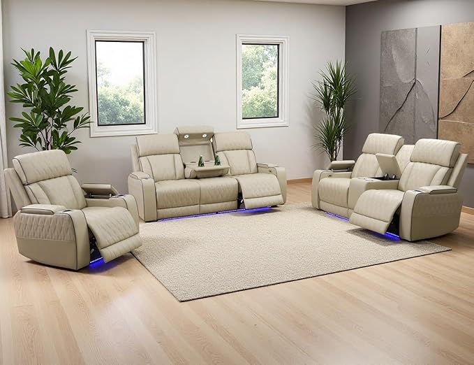 Power Recliner Sofa Set, Living Room Furniture Sets, Leather Reclining Sofa Set, Recliner Couch Loveseat and Chair with Coffee Table/Cup Holders/Charging Port for Home Theater Seat, Khaki