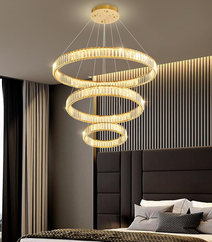 8''+16''+24'' Modern Ring Chandelier Crystal Chandeliers for Dining Room Round LED Dimmable Ceiling Light Fixture for Living Room Bedroom Lighting Gold