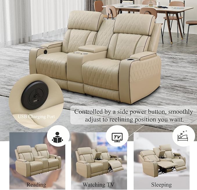 Power Recliner Sectional Sofa with LED, Breathing Leather Reclining Sectional Couch, L Shaped Couch with Dual Recliners, USB Port, Cup Holder&Storage (Beige, Sectional+Loveseat(8 Seats))