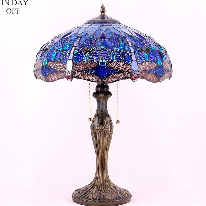 WERFACTORY Tiffany Lamp Blue Stained Glass Dragonfly Style Bedside Table Lamp 16X16X24 Inch Desk Reading Light Metal Base Decor Bedroom Living Room Home Office S631 Series