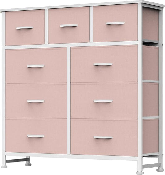 DUMOS 9 Drawer Dresser for Bedroom, Fabric Storage Organizer with Sturdy Metal Frame, Wooden Top Chest of Drawers for Closet Entryway Guest Room,Pink