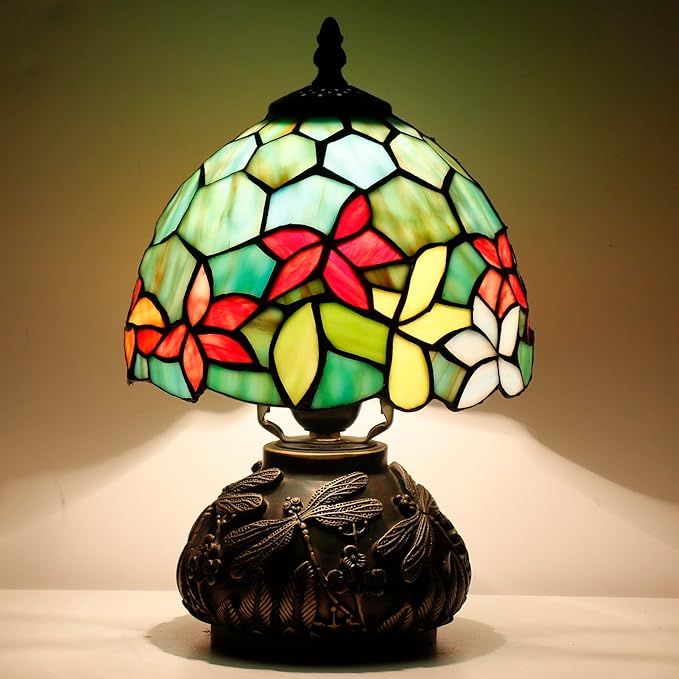Small Tiffany Lamp Mini Stained Glass Table Lamp Red Green Flowers Style Mushroom Desk Light Memory Sympathy Lamp 8X11 Inch