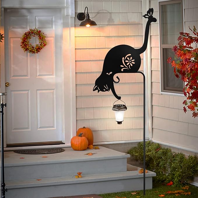 Cat Holding Lantern Garden Stakes Solar Garden Cats Metal cat Solar Lantern Decorative Garden Stakes for Yard, Lawn, Patio, Pathway