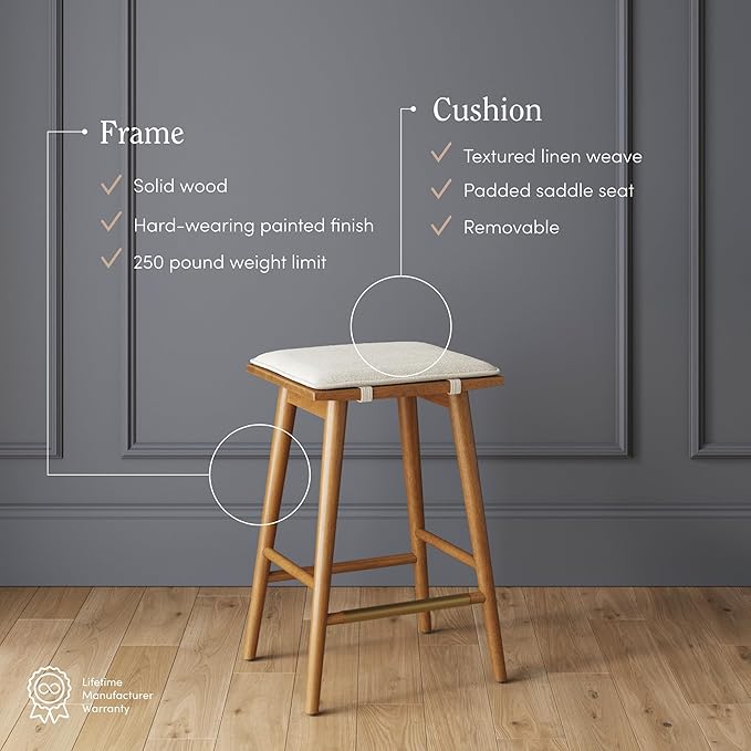 Nathan James Barker Counter Height Solid Wood Barstool with Upholstered Cushion, Backless Island Stool with Rubberwood Legs and Natural Textured Linen Upholstery for Kitchen, Brown/White, Set of 4