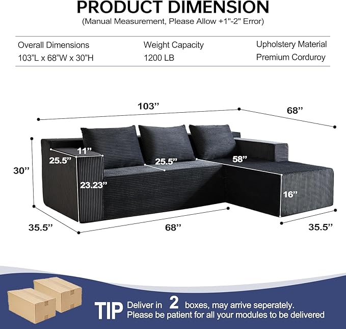 HonTop Modular Sectional Sofa L-Shape Couch, Upholstered Boneless Corduroy Fluffy Couch for Living Room, Deep Seat with Pillow Backrest, No Assembly Required (Grey, Right Facing Chaise) | Friendly Size, Flexible Modular, Family Pet-Friendly, Soft Cordu...