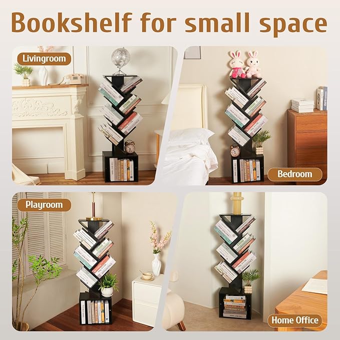 7 Tier Tree Book shelf, Small Bookcase with Reading Planner and Activity Panel, Modern Floor Standing Corner Tall Narrow Storage Cabinet Bookshelves for Home Office Bedroom Living Room (Black)