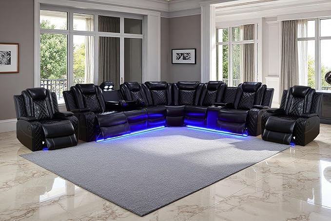 A Ainehome Power Recliner Sectional Sofa, Living Room Furniture Sets, Leather Power Reclining Sofa Set, Sectional Reclining Couch with LED/Storage Console for Living Room/Office(A-Black)