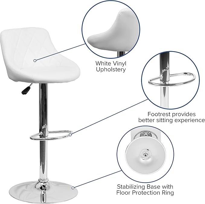 Flash Furniture Contemporary White Vinyl Bucket Seat Adjustable Height Barstool with Diamond Pattern Back and Chrome Base