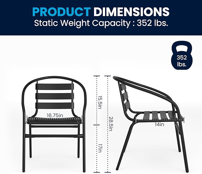 Flash Furniture 5-Piece Patio Dining Set with 31.5" Square Glass Metal Table and 4 Stackable Slat Back Chairs, Indoor/Outdoor Bistro Set, Black