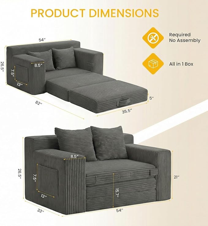 Boneless Couch,Boneless Loveseat Sleeper Sofa Bed – 3-in-1 Convertible Couch Bed with Side Pockets & Handle,Pull Out Corduroy Futon for Small Space,Living Room & Bedroom,2 Pillows Included,No Assembly